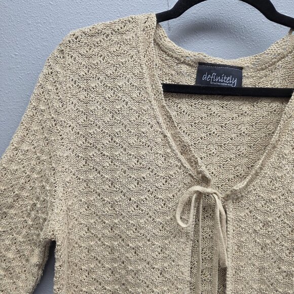 Definitely Sweater Womens Large Beige Tie Front Crochet Knit Cardigan Made USA - Picture 2 of 8